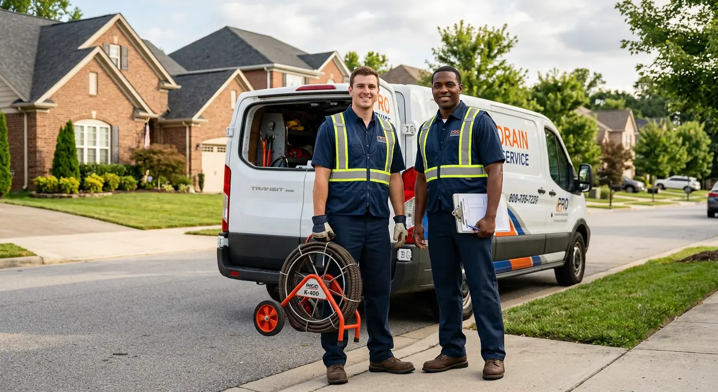 Sewer and drain service team with equipment ready for work in Stanton