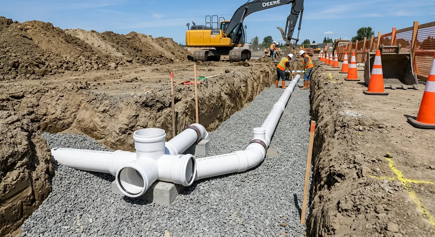 New PVC sewer pipe installation in open trench for Grease Trap Cleaning in Stanton