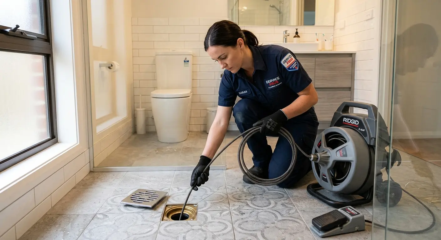 Technician clearing a bathroom floor drain for Sewer Line Installation in Stanton